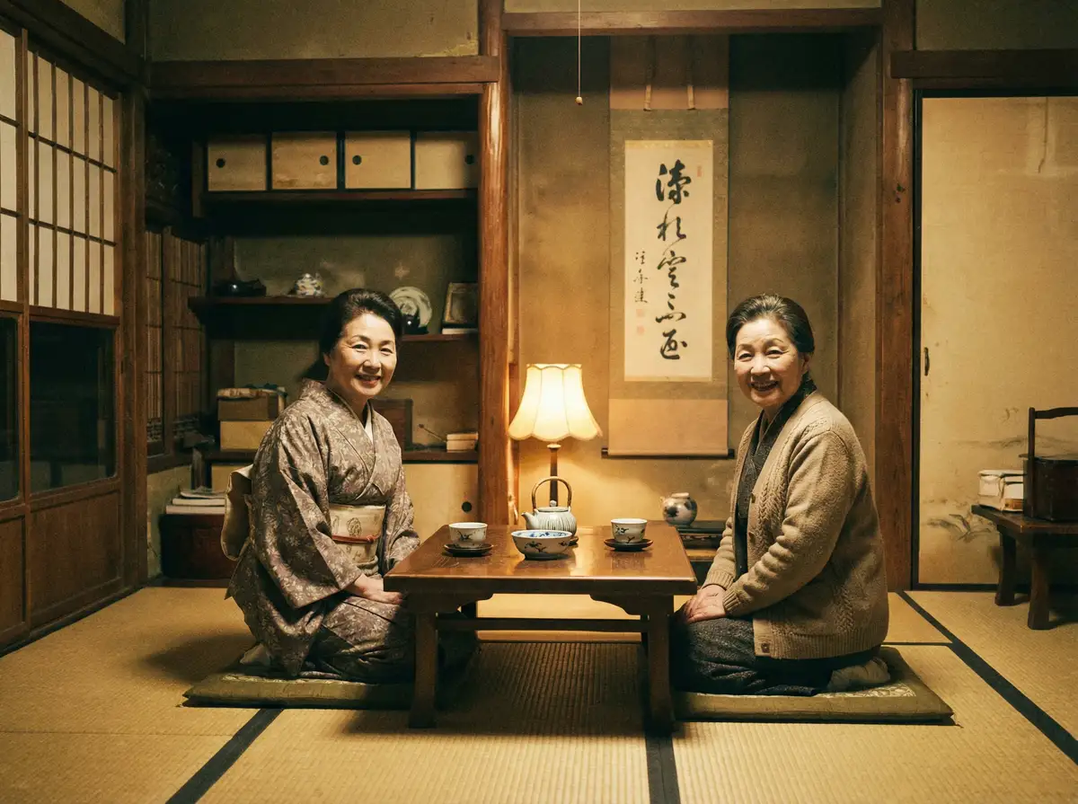 两位优雅的 3d同人 在日式茶室中品茶交谈